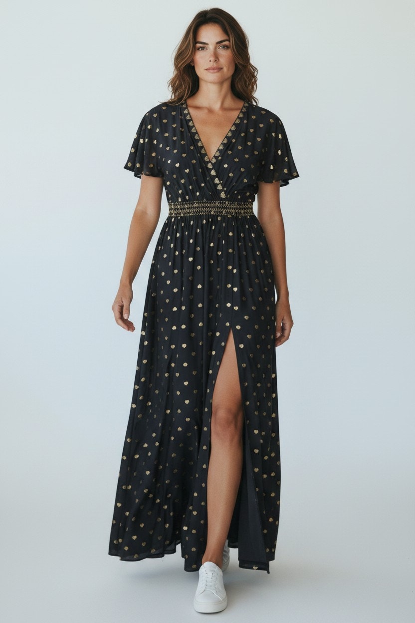Cabana Life Wrap Maxi Dress Womens M Black Gold Metallic Foil Slit Smocked Waist